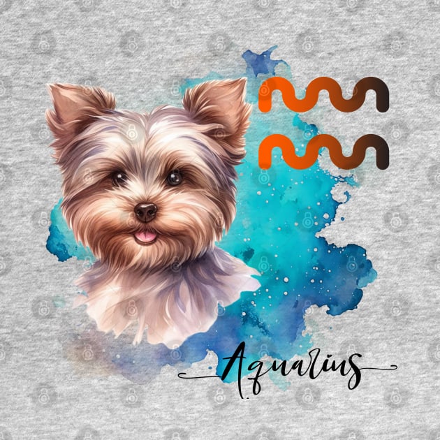 Aquarius  Zodiac Sign Cute Yorkie Watercolor Art by AdrianaHolmesArt